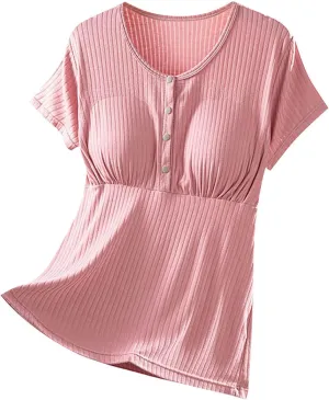Built-in Bra Nursing Tops for Breastfeeding Women Soft Modal Pajamas Comfy Button Up Short Sleeve Summer Sleepwear T-Shirts