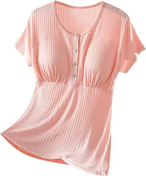 Built-in Bra Nursing Tops for Breastfeeding Women Soft Modal Pajamas Comfy Button Up Short Sleeve Summer Sleepwear T-Shirts