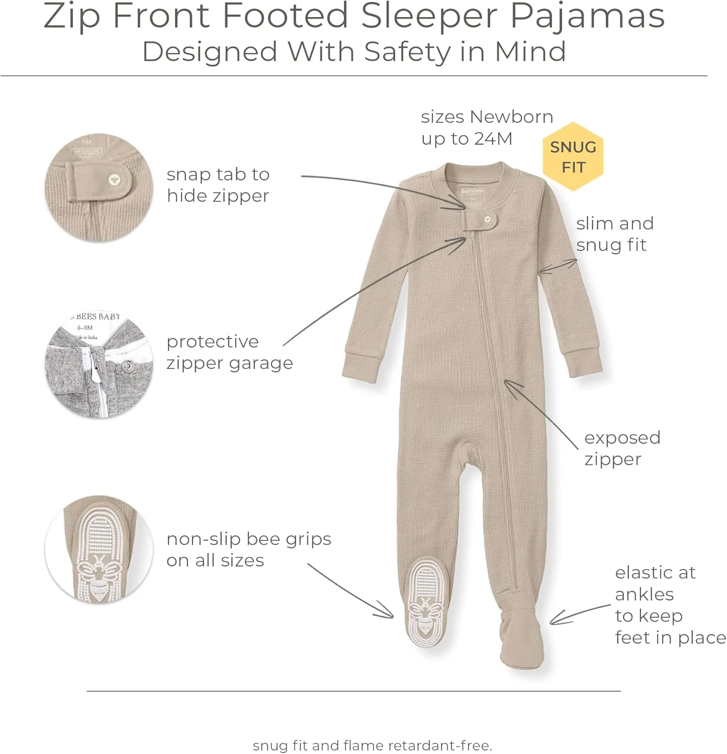 Burt's Bees Baby unisex-baby Honeysoft Sleeper Pajamas, Zip Front Non-Slip Footed Footie PJs, Organic Cotton & Lyocell