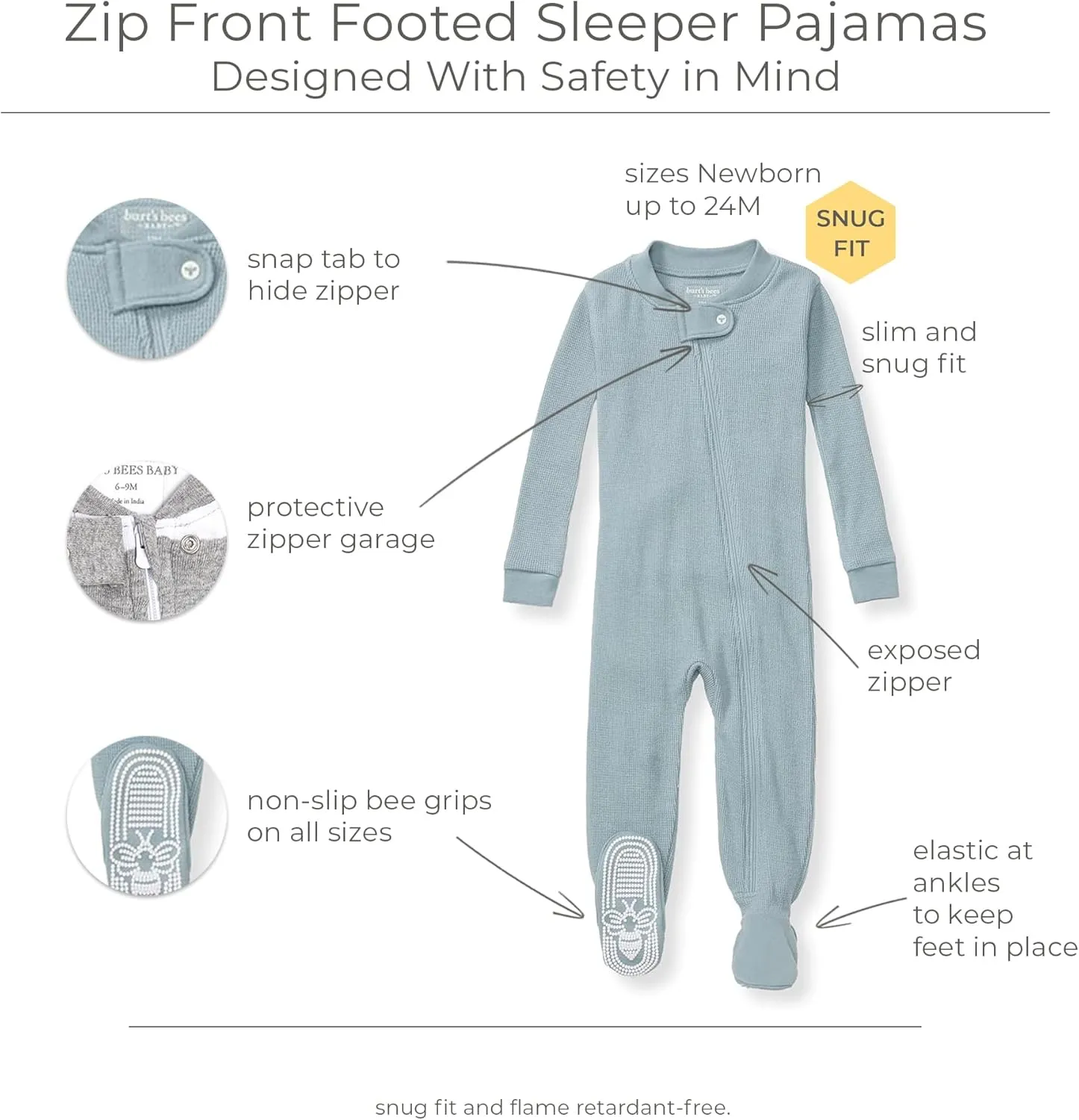 Burt's Bees Baby unisex-baby Honeysoft Sleeper Pajamas, Zip Front Non-Slip Footed Footie PJs, Organic Cotton & Lyocell