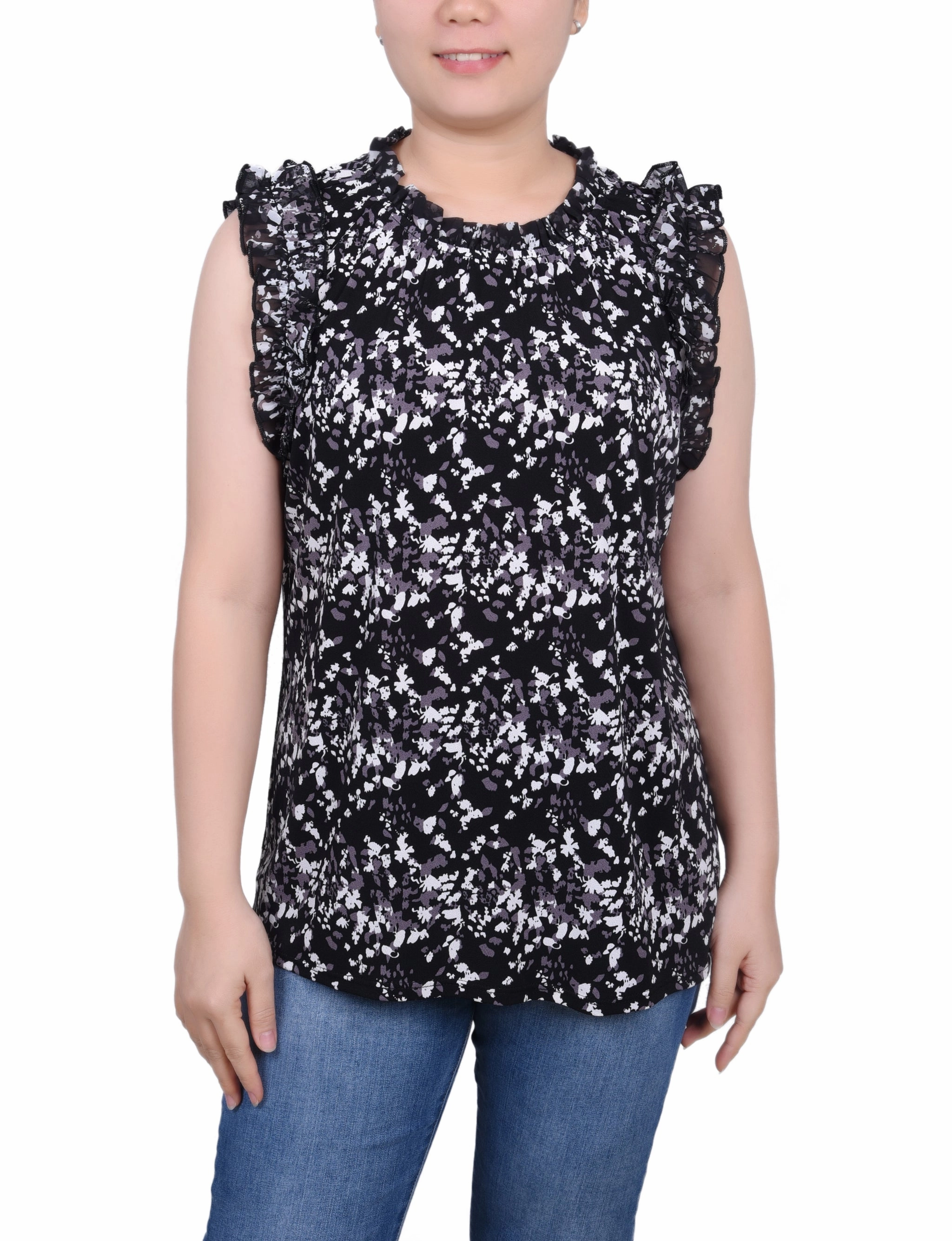 BondedSeams Petite Sleeveless Crepe Top With Chiffon Ruffles