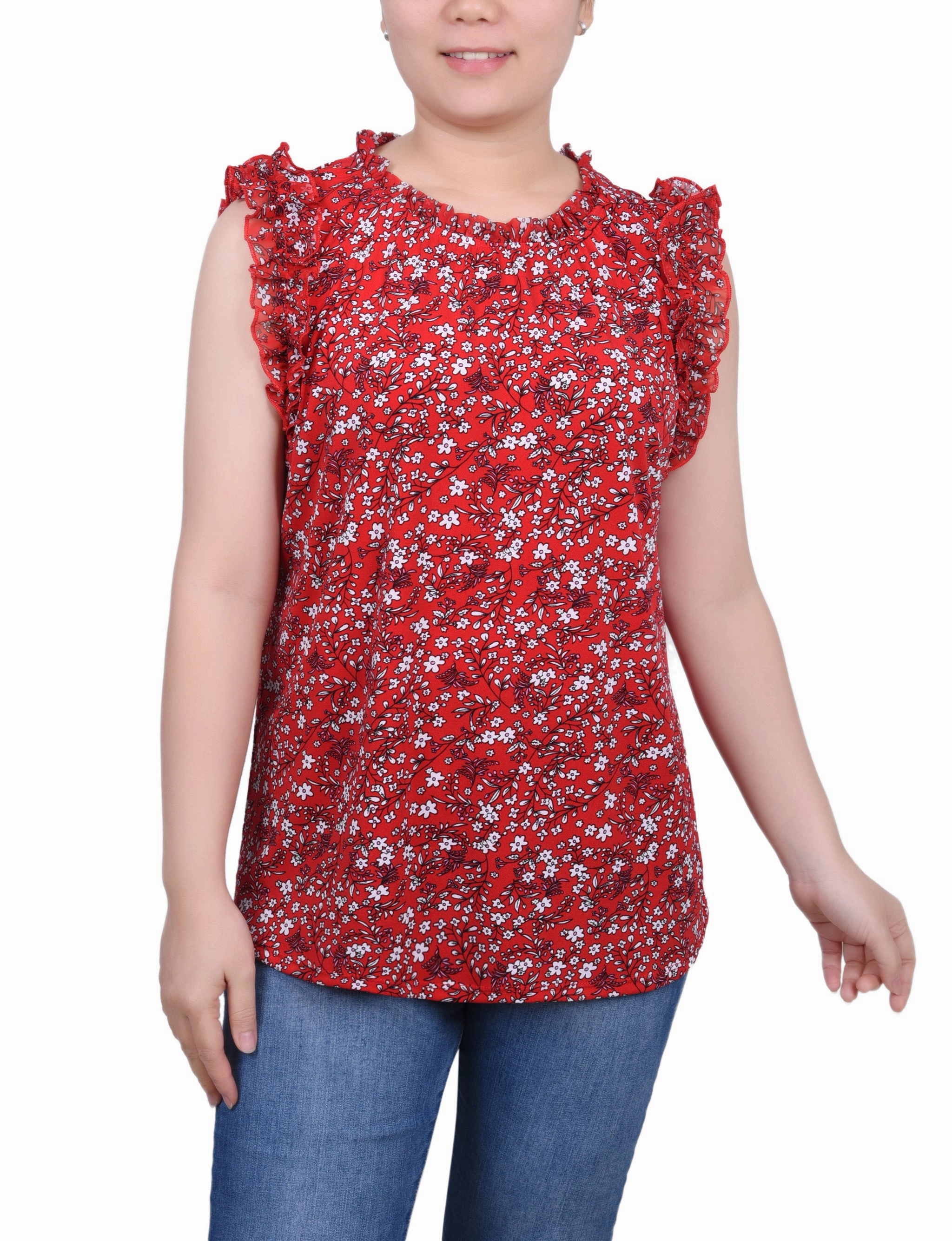 Petite Sleeveless Crepe Top With Chiffon Ruffles Reflective Detailing