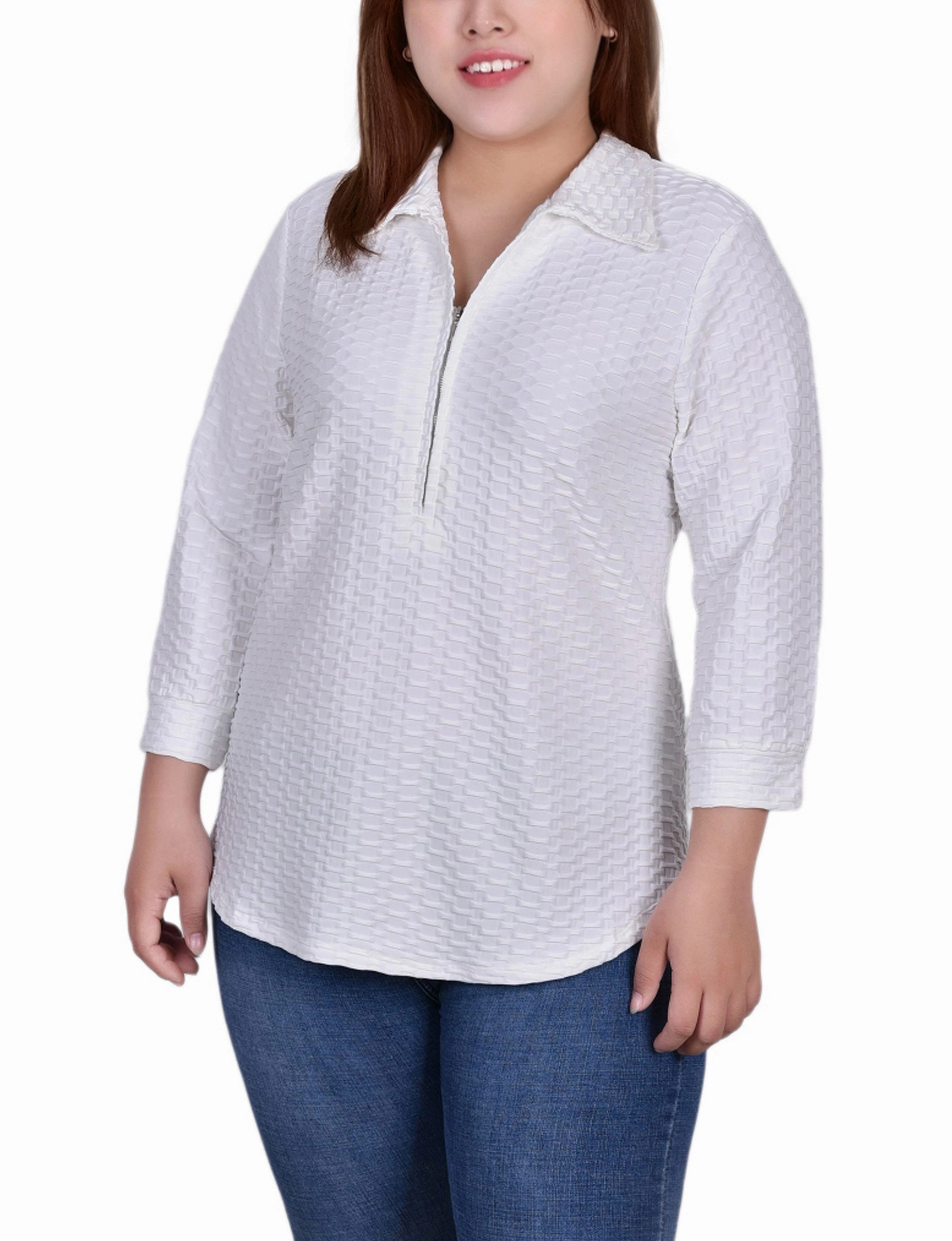 QuickDryTechnology Plus Size 3/4 Sleeve Honeycomb Half Zip Collared Top