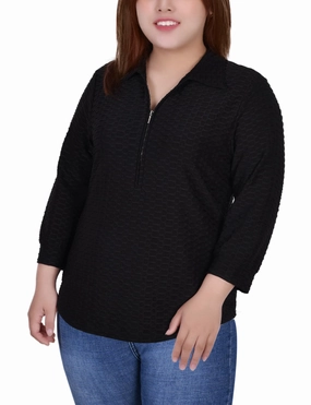 Plus Size 3/4 Sleeve Honeycomb Half Zip Collared Top Minimalist Detailing UPFProtection