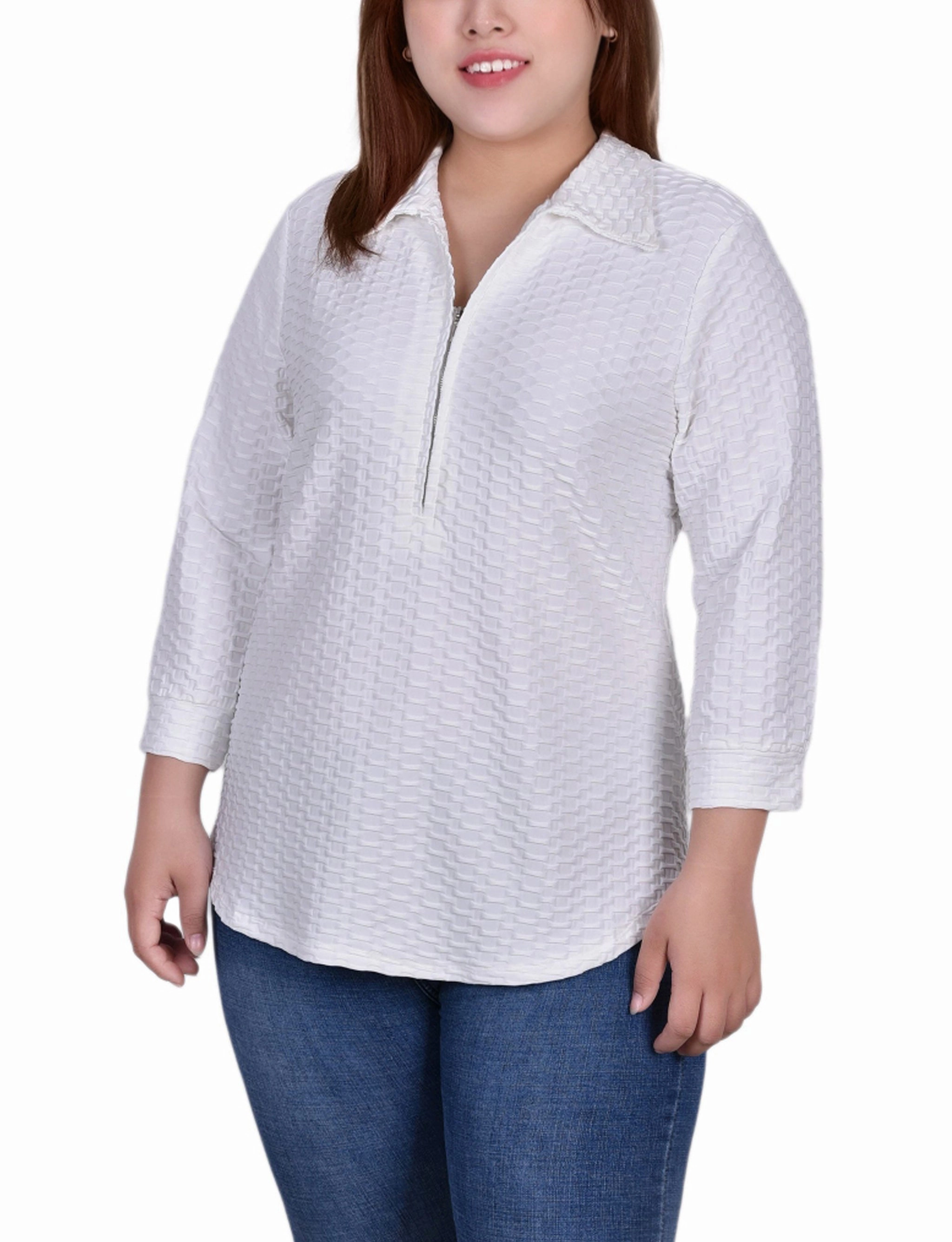 Plus Size 3/4 Sleeve Honeycomb Half Zip Collared Top Sustainable Waterproofing