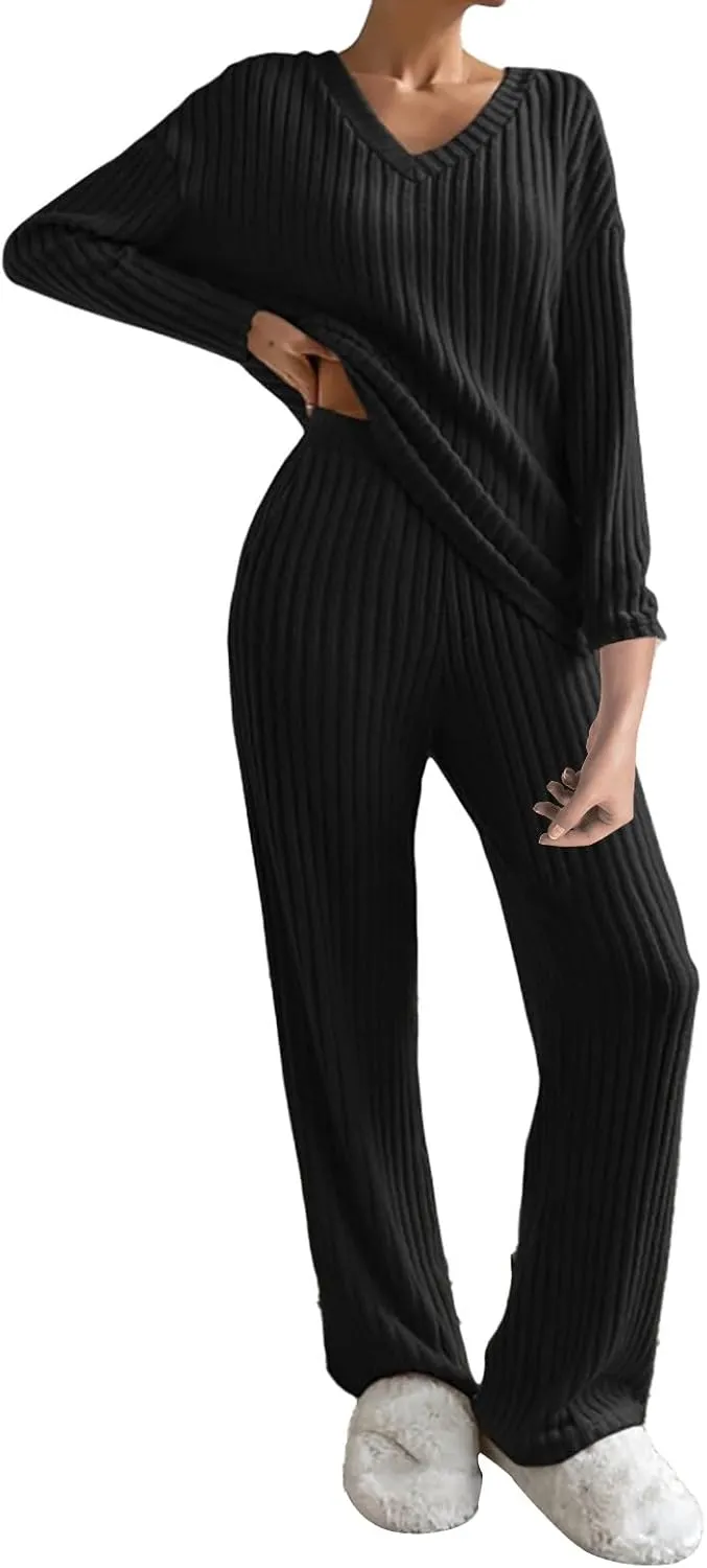 Button Up Pajama Set for Women Women's 2024 Fashion Casual Straight Leg Pants Loose V Comfy Pants Loungewear with