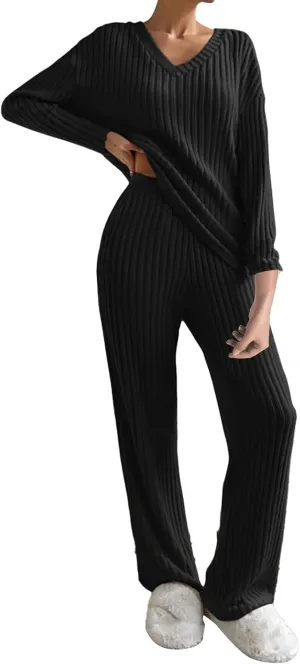 Button Up Pajama Set for Women Women's 2024 Fashion Casual Straight Leg Pants Loose V Comfy Pants Loungewear with