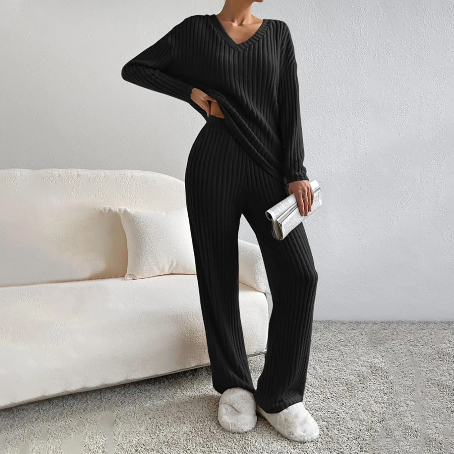 Button Up Pajama Set for Women Women's 2024 Fashion Casual Straight Leg Pants Loose V Comfy Pants Loungewear with