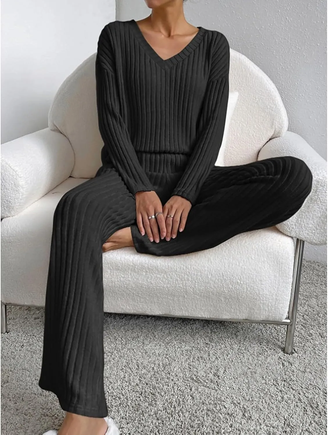 Button Up Pajama Set for Women Women's 2024 Fashion Casual Straight Leg Pants Loose V Comfy Pants Loungewear with