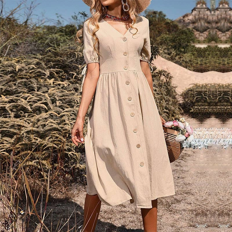 BUTTON-DOWN COTTON AND LINEN V-NECK DRESS_CWDMD1653 Edgy Look Calm Finish