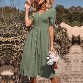 Vacation Vibe Street Ready BUTTON-DOWN COTTON AND LINEN V-NECK DRESS_CWDMD1653
