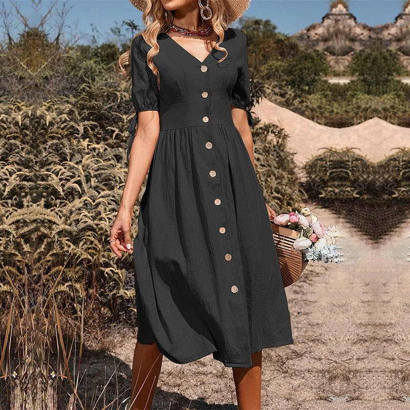 Move Free Versatile occasion dress BUTTON-DOWN COTTON AND LINEN V-NECK DRESS_CWDMD1653