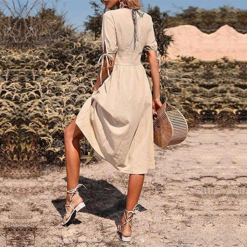 Match Quick Classic Layers BUTTON-DOWN COTTON AND LINEN V-NECK DRESS_CWDMD1653