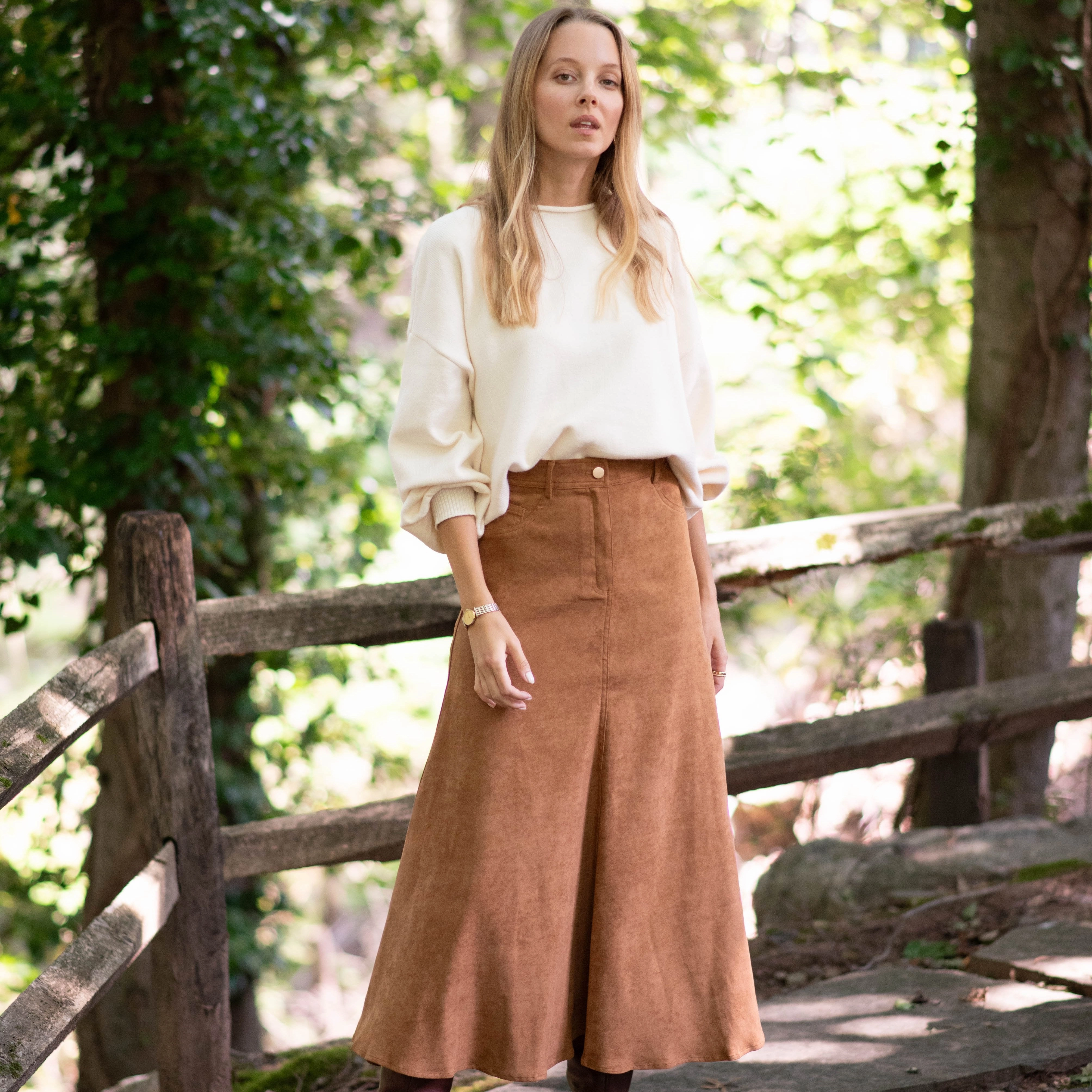 Hemp Blend Spring Must Have Suede Maxi Skirt | Camel