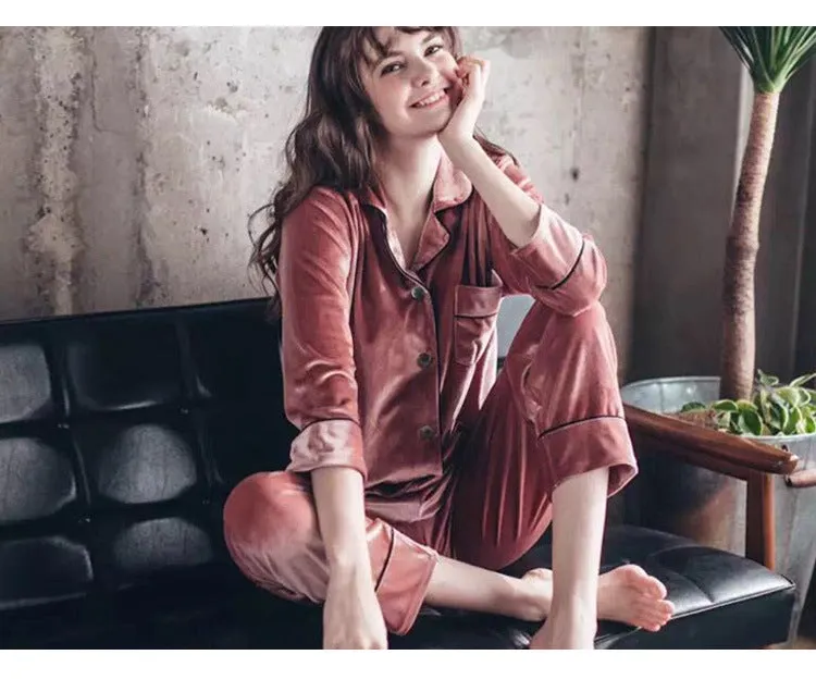 Buy Couple Gold Velvet Long Sleeve Pajamas (Luxury Comfort) - Fashionzapp