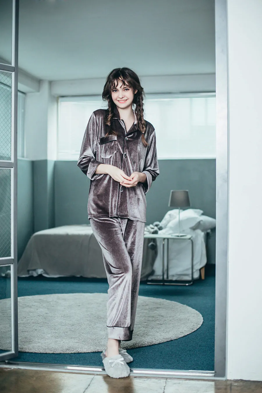 Buy Couple Gold Velvet Long Sleeve Pajamas (Luxury Comfort) - Fashionzapp