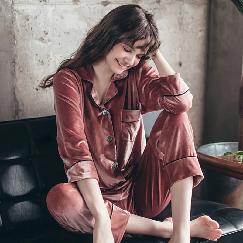 Buy Couple Gold Velvet Long Sleeve Pajamas (Luxury Comfort) - Fashionzapp