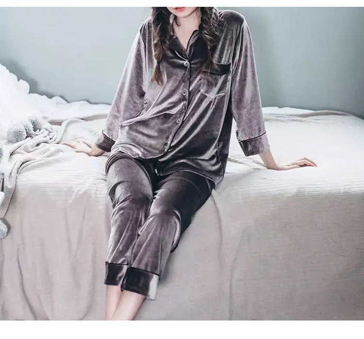Buy Couple Gold Velvet Long Sleeve Pajamas (Luxury Comfort) - Fashionzapp