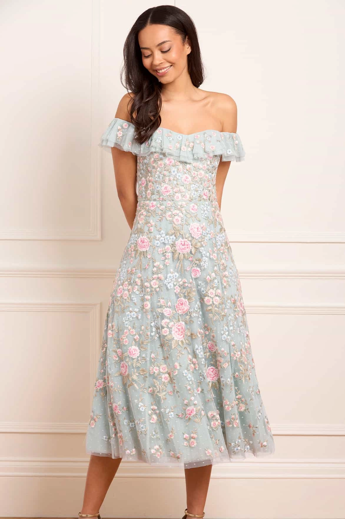 WrinkleResistantFinish Antoinettes Floral Off-Shoulder Ballerina Dress