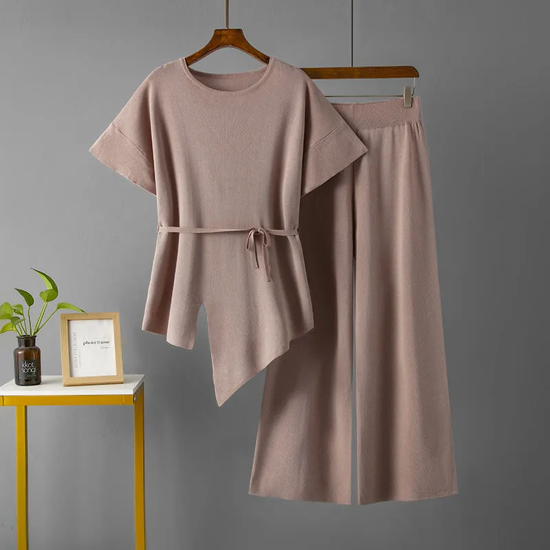 Camel Asymettrical Top Wide Leg Pajama Set