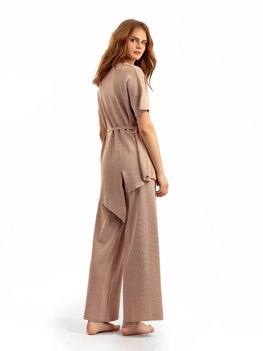 Camel Asymettrical Top Wide Leg Pajama Set