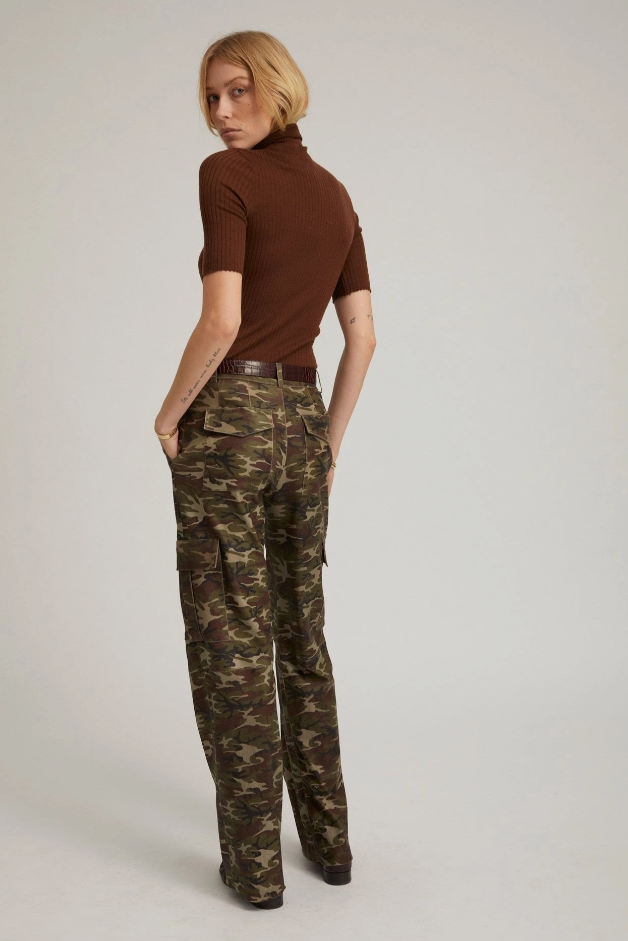 Camouflage Leather Cargo Trousers Zip Pocket