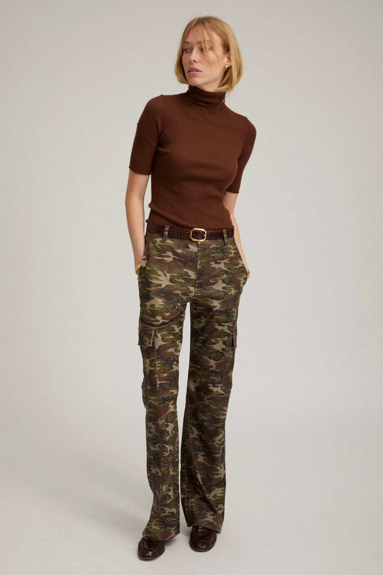 Sleek lines Flexible Activewear Camouflage Leather Cargo Trousers