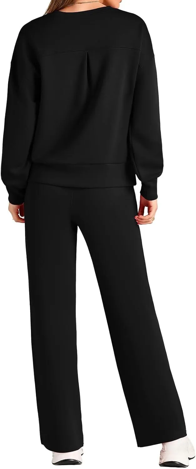Canbebig Knit Sets Two Piece Women Long Sleeve Pullover Tops and Wide Leg Lounge Pants Sets Casual Tracksuit Loungewear