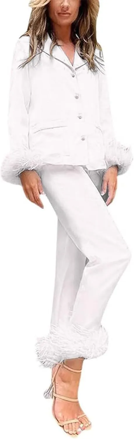 Canbebig Womens 2 Piece Feather Trim Faux Silk Satin Pajama Set Button Down Long Sleeve Shirt & Pants Pj Set Lounge Sleepwear
