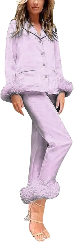 Canbebig Womens 2 Piece Feather Trim Faux Silk Satin Pajama Set Button Down Long Sleeve Shirt & Pants Pj Set Lounge Sleepwear