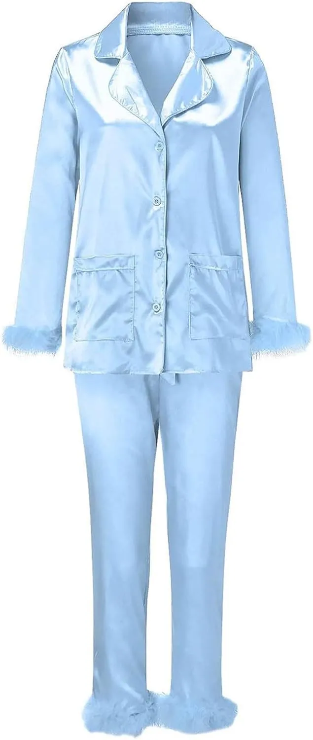 Canbebig Womens 2 Piece Feather Trim Faux Silk Satin Pajama Set Button Down Long Sleeve Shirt & Pants Pj Set Lounge Sleepwear