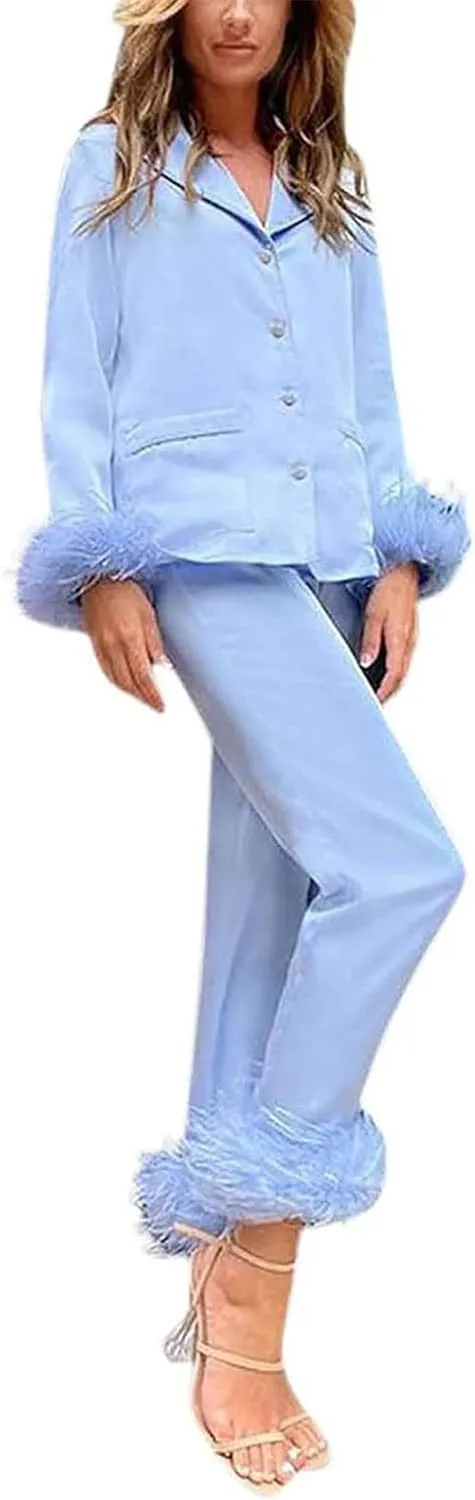 Canbebig Womens 2 Piece Feather Trim Faux Silk Satin Pajama Set Button Down Long Sleeve Shirt & Pants Pj Set Lounge Sleepwear