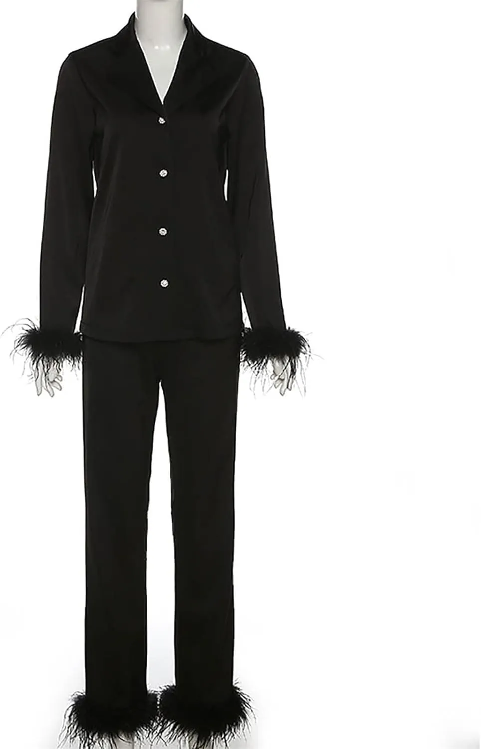 Canbebig Womens 2 Piece Feather Trim Faux Silk Satin Pajama Set Button Down Long Sleeve Shirt & Pants Pj Set Lounge Sleepwear