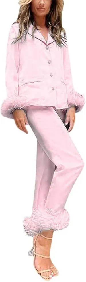 Canbebig Womens 2 Piece Feather Trim Faux Silk Satin Pajama Set Button Down Long Sleeve Shirt & Pants Pj Set Lounge Sleepwear