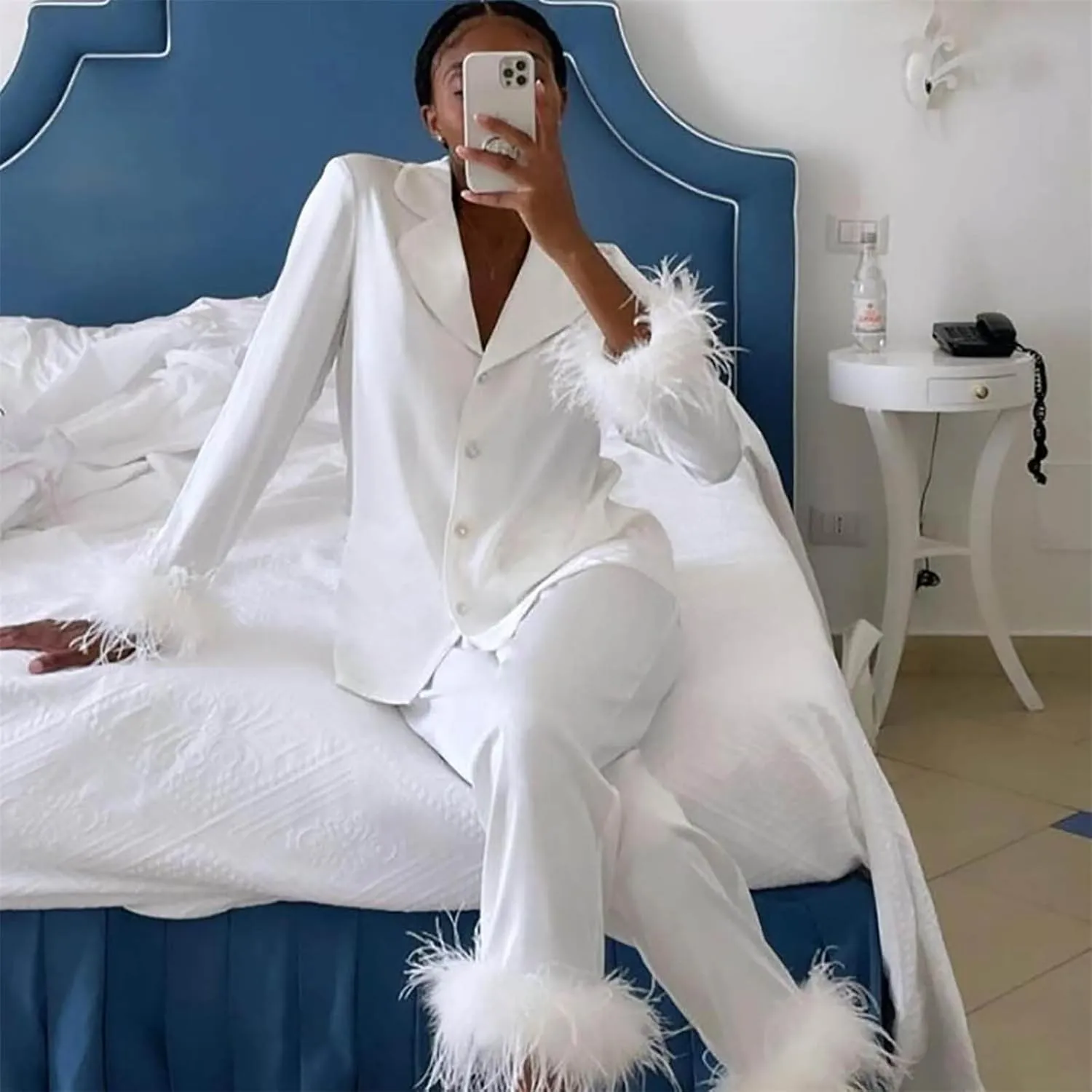 Canbebig Womens 2 Piece Feather Trim Faux Silk Satin Pajama Set Button Down Long Sleeve Shirt & Pants Pj Set Lounge Sleepwear