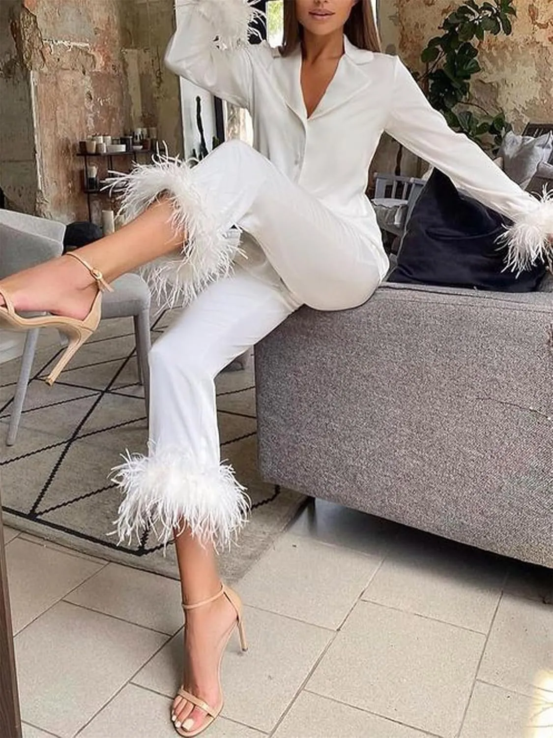 Canbebig Womens 2 Piece Feather Trim Faux Silk Satin Pajama Set Button Down Long Sleeve Shirt & Pants Pj Set Lounge Sleepwear