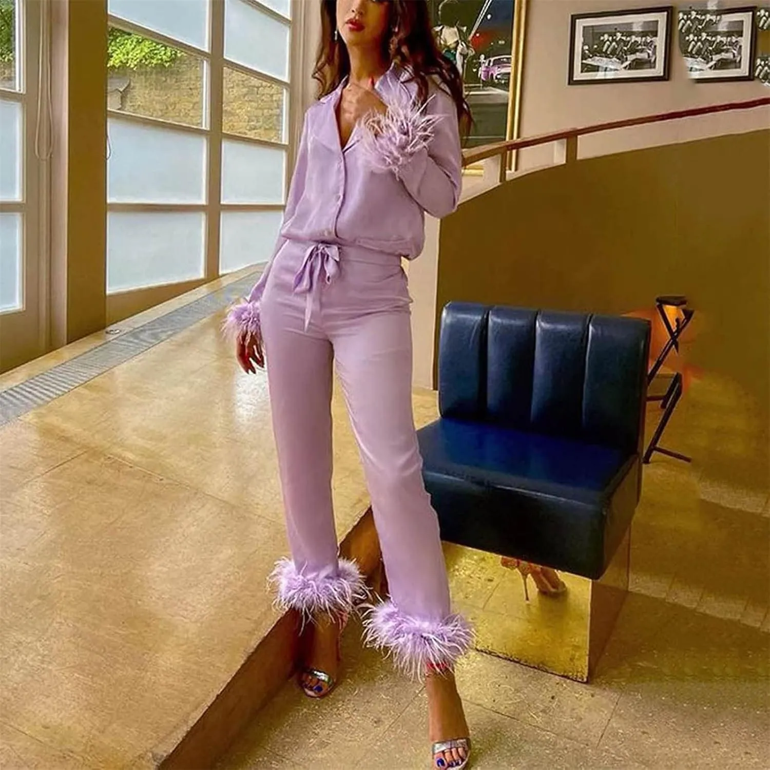 Canbebig Womens 2 Piece Feather Trim Faux Silk Satin Pajama Set Button Down Long Sleeve Shirt & Pants Pj Set Lounge Sleepwear