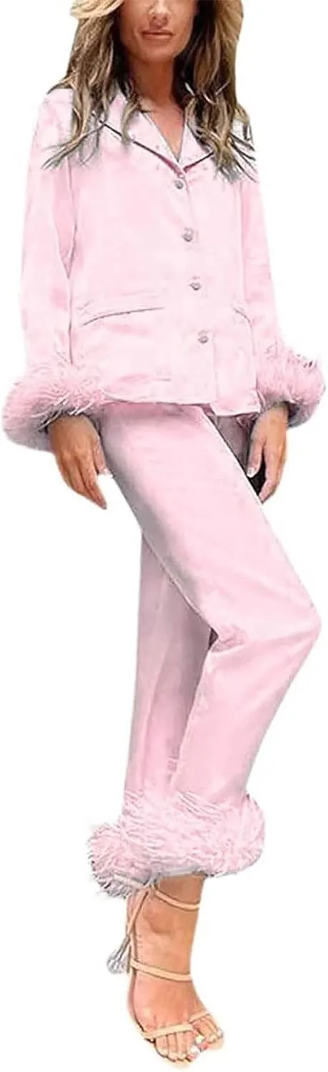 Canbebig Womens 2 Piece Feather Trim Faux Silk Satin Pajama Set Button Down Long Sleeve Shirt & Pants Pj Set Lounge Sleepwear