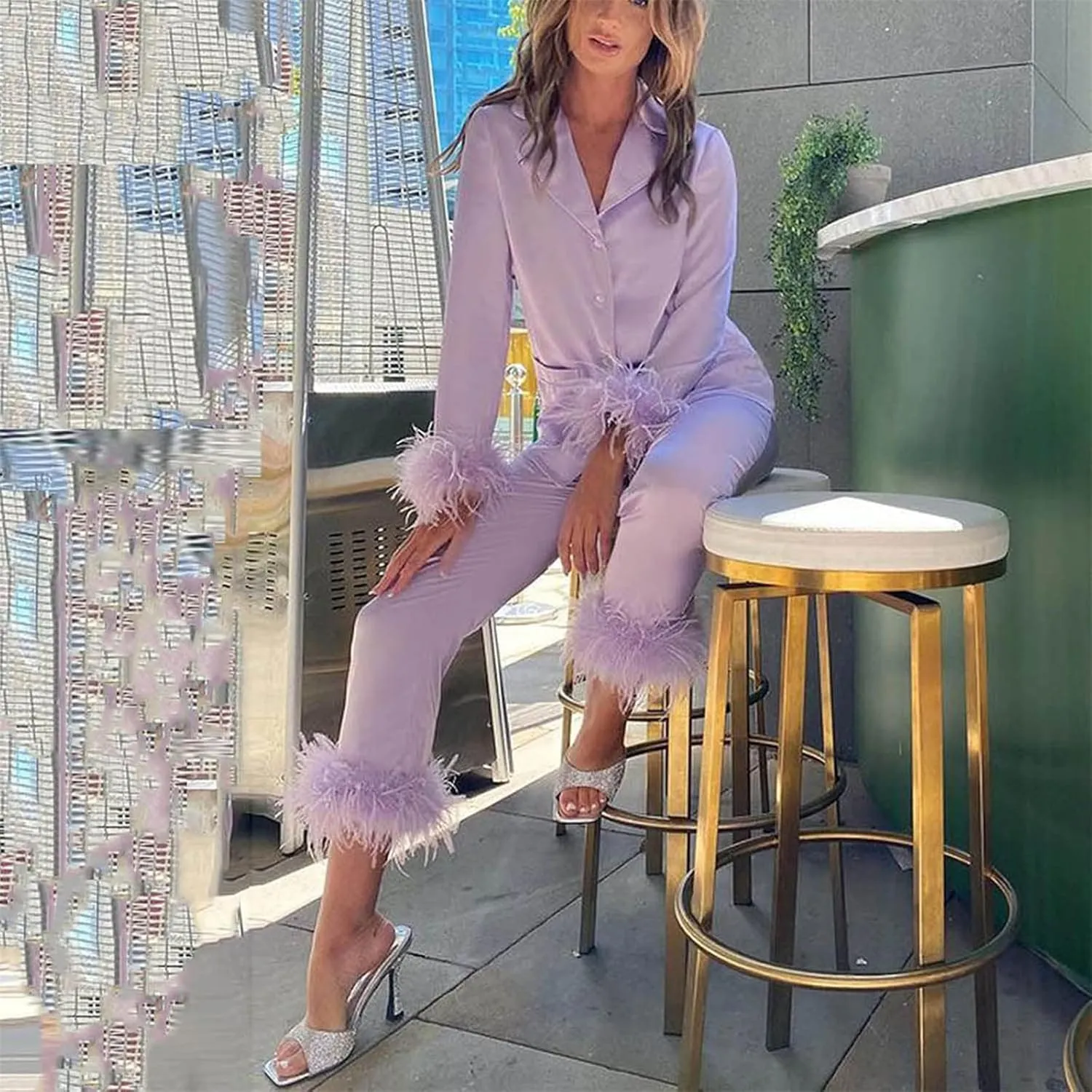 Canbebig Womens 2 Piece Feather Trim Faux Silk Satin Pajama Set Button Down Long Sleeve Shirt & Pants Pj Set Lounge Sleepwear