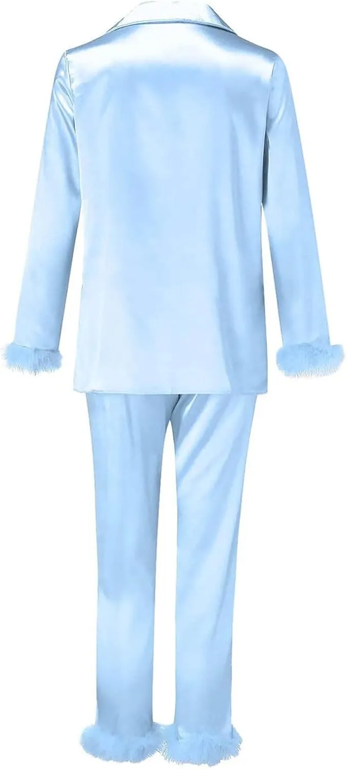 Canbebig Womens 2 Piece Feather Trim Faux Silk Satin Pajama Set Button Down Long Sleeve Shirt & Pants Pj Set Lounge Sleepwear