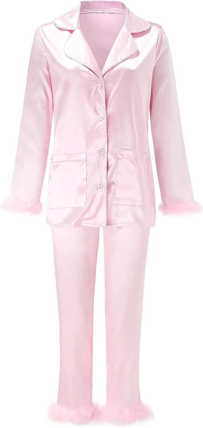 Canbebig Womens 2 Piece Feather Trim Faux Silk Satin Pajama Set Button Down Long Sleeve Shirt & Pants Pj Set Lounge Sleepwear