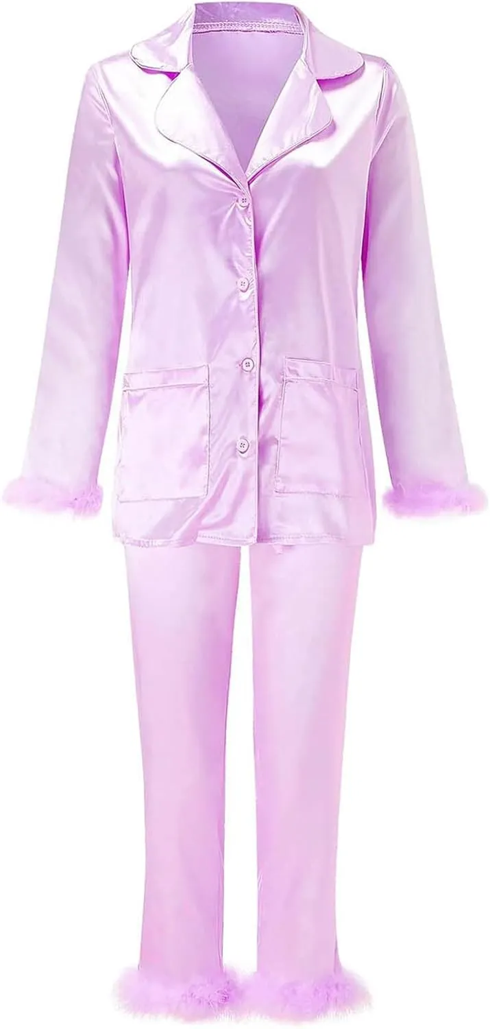 Canbebig Womens 2 Piece Feather Trim Faux Silk Satin Pajama Set Button Down Long Sleeve Shirt & Pants Pj Set Lounge Sleepwear