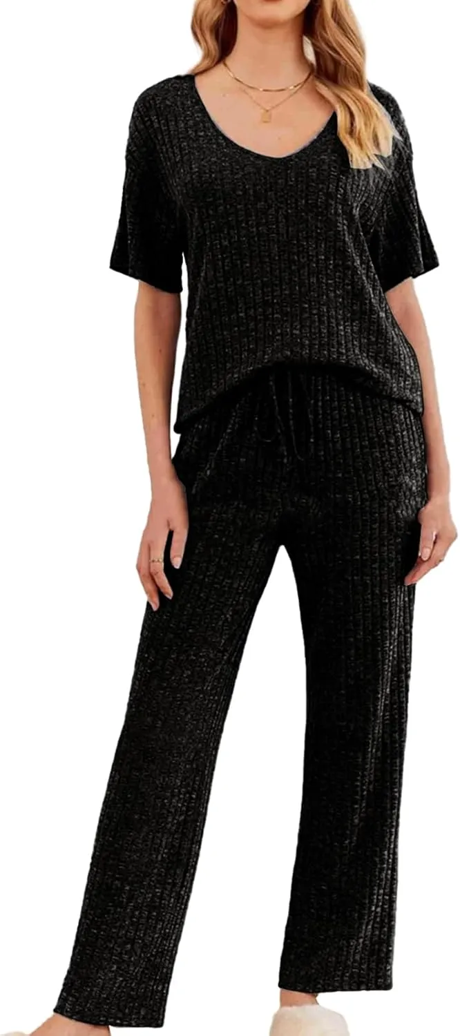 Canbebig Womens 2 Piece Lounge Sets Ribbed Knit Sets V Neck Short Sleeve Top and Drawstring Pants Sets Casual Loungewear
