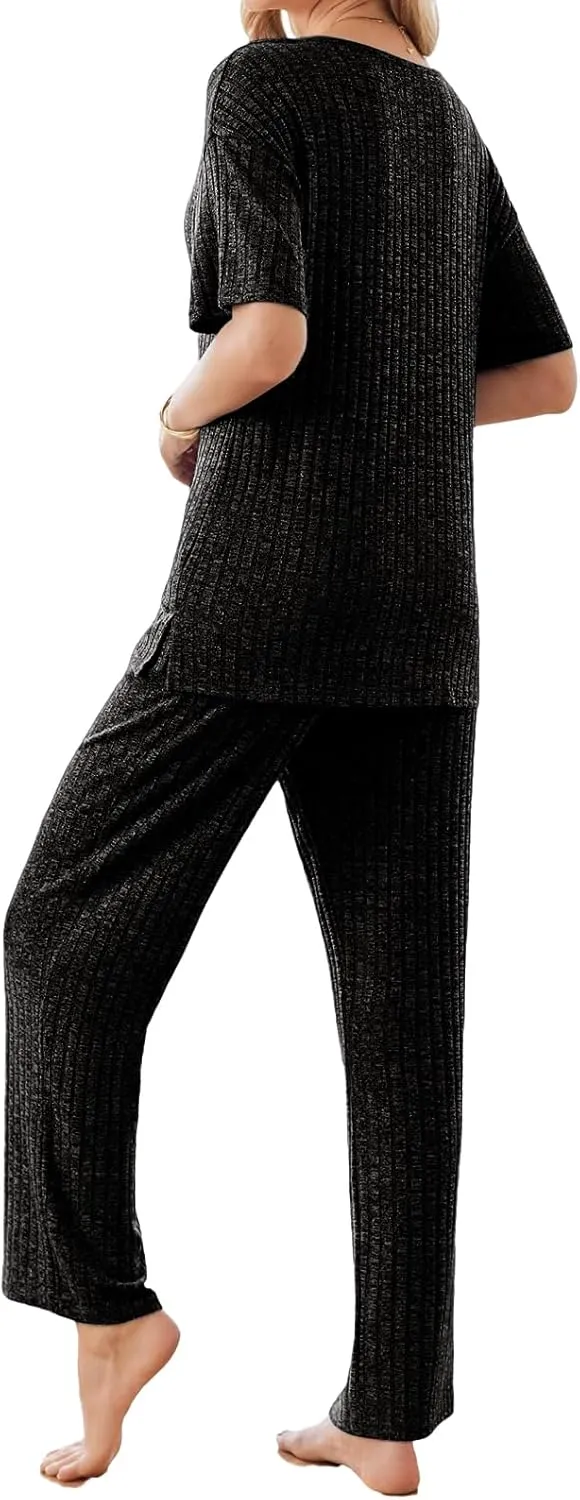 Canbebig Womens 2 Piece Lounge Sets Ribbed Knit Sets V Neck Short Sleeve Top and Drawstring Pants Sets Casual Loungewear