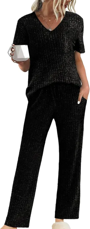 Canbebig Womens 2 Piece Lounge Sets Ribbed Knit Sets V Neck Short Sleeve Top and Drawstring Pants Sets Casual Loungewear