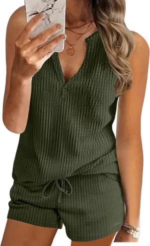 Canbebig Womens Pajama Sets Pajamas Tank Top and Shorts Lounge Sets Summer 2 Piece Outfits Matching Set Loungewear Sleepwear