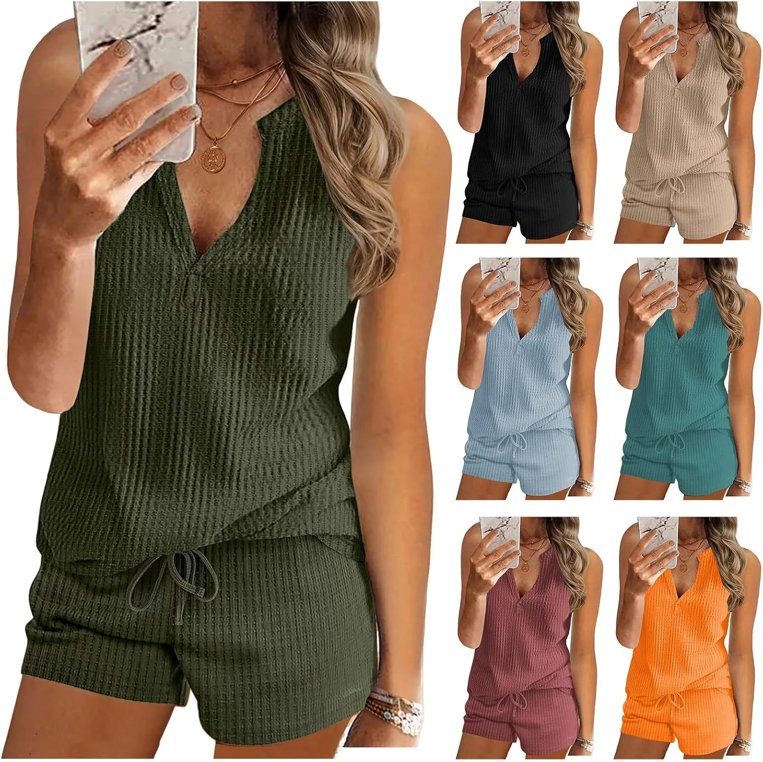 Canbebig Womens Pajama Sets Pajamas Tank Top and Shorts Lounge Sets Summer 2 Piece Outfits Matching Set Loungewear Sleepwear