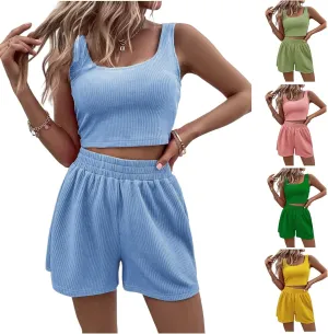 Canbebig Workout Sets for Women Ribbed Knit Sleeveless Crop Tank Top and Shorts Sets Matching Lounge Sets Tracksuit Sets