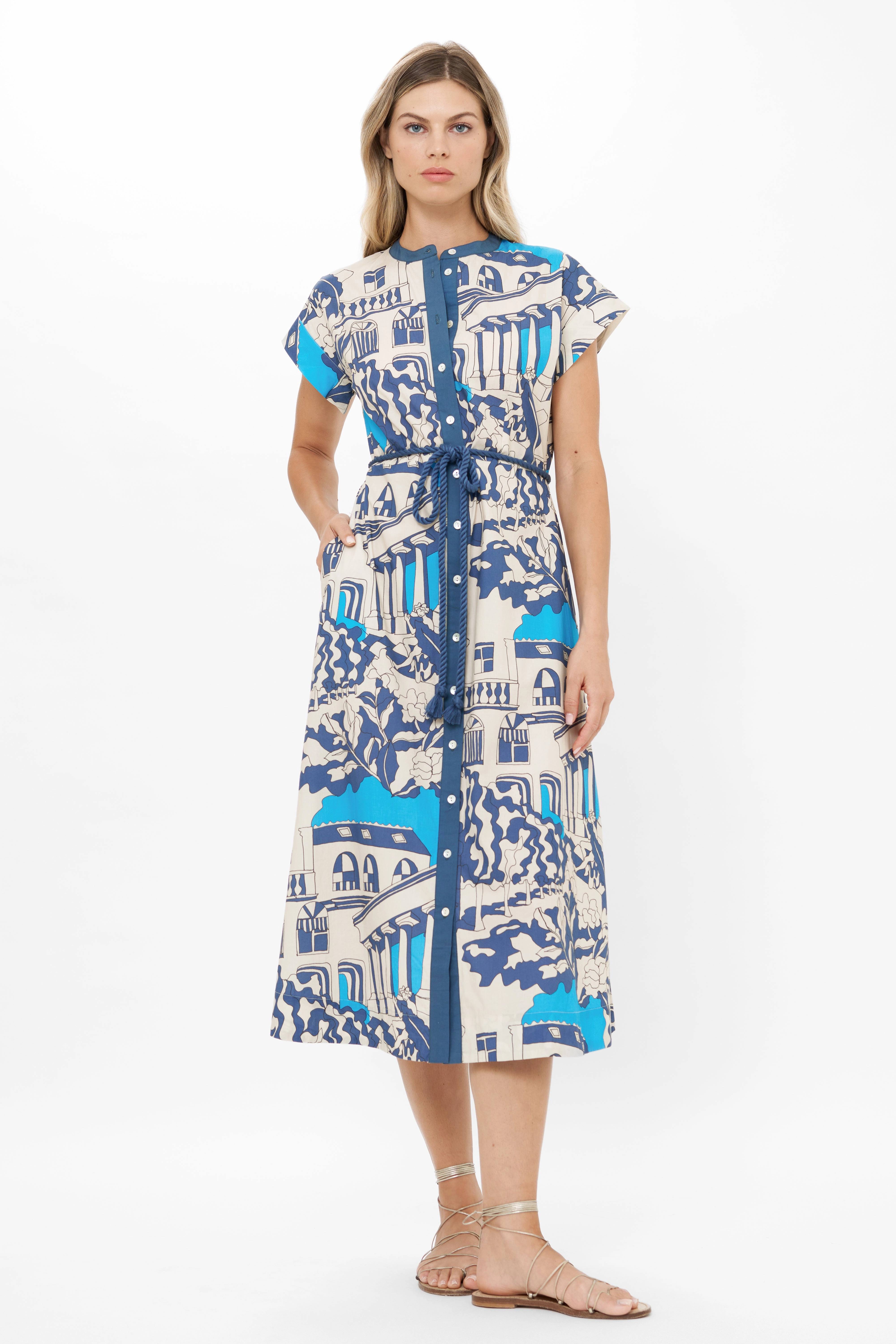 Cap Sleeve Shirt Dress Midi Roma Blue Form Fitting Comfortable shift dress