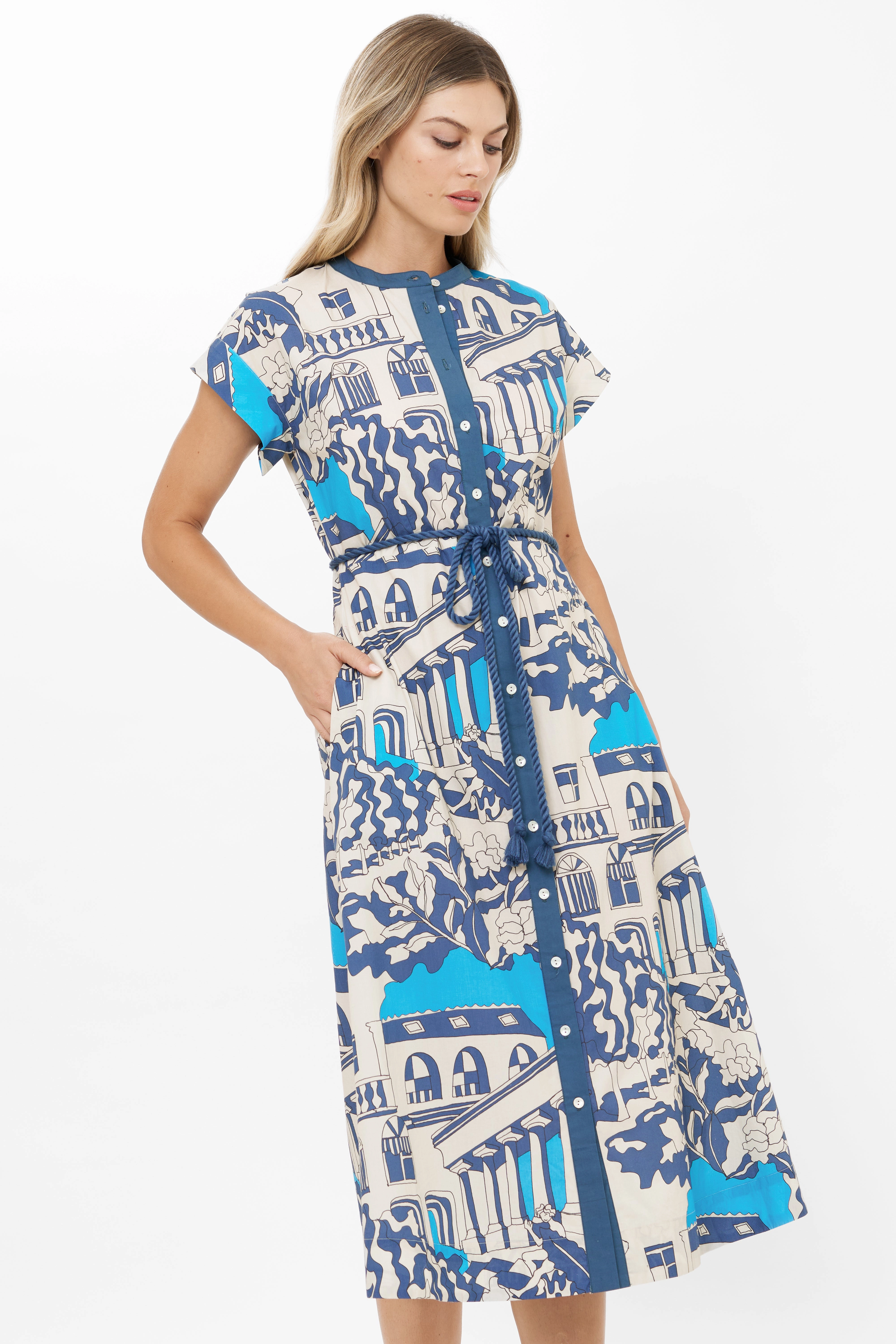 Fit Choice Flexible Comfort Cap Sleeve Shirt Dress Midi Roma Blue